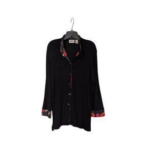 Chico's Travelers Black Slinky Floral Trimmed Button Up Old Money Blouse Sz 3